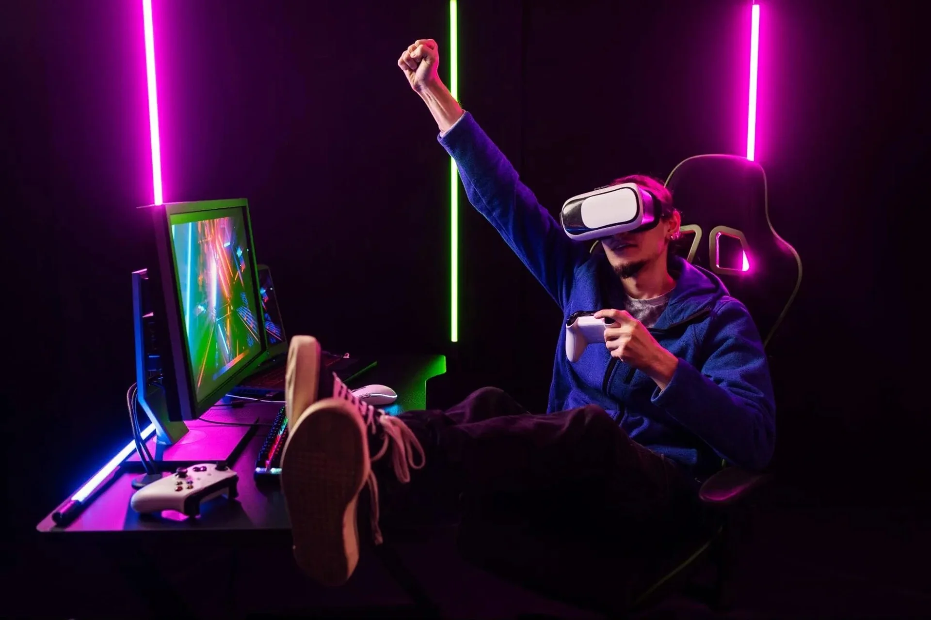 A professional gamer in a gaming chair with neon lights.